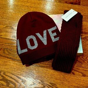 NWT Rebecca Minkoff Burgundy and Grey "LOVE"  hat and fingerless gloves